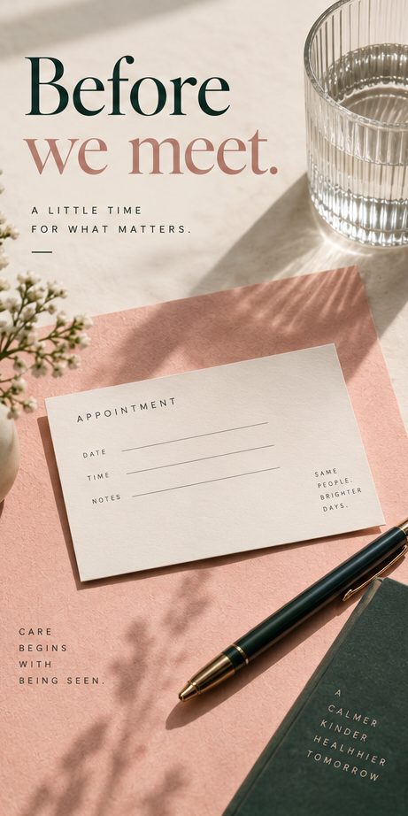 Story frame of an appointment card and pen on pink paper, “Before we meet.”