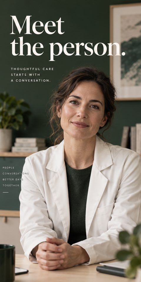 Story frame of a smiling clinician at her desk, “Meet the person.”