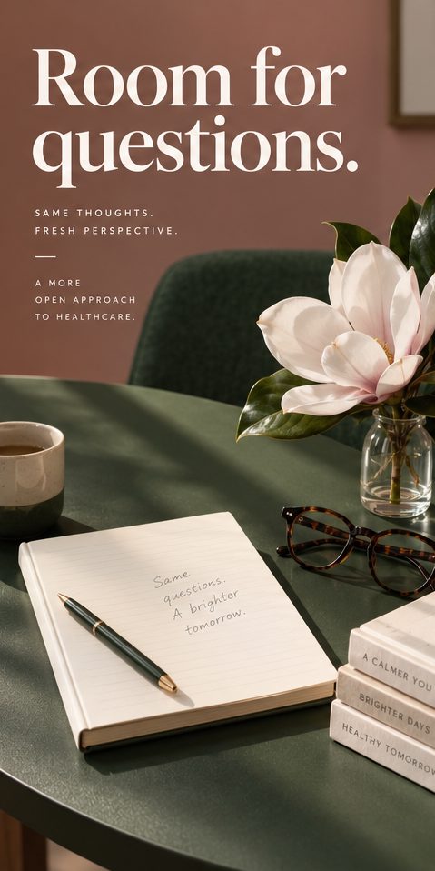 Story frame of a notebook, glasses and a magnolia on a green table, “Room for questions.”