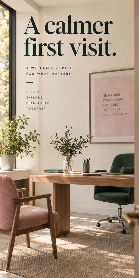 Story frame of a bright consultation room with a pink chair, “A calmer first visit.”
