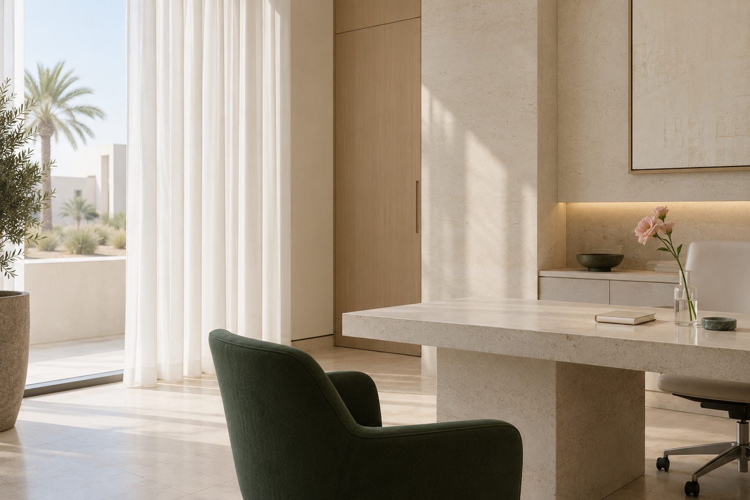 Calm consultation room with a forest-green chair, a stone desk and soft daylight